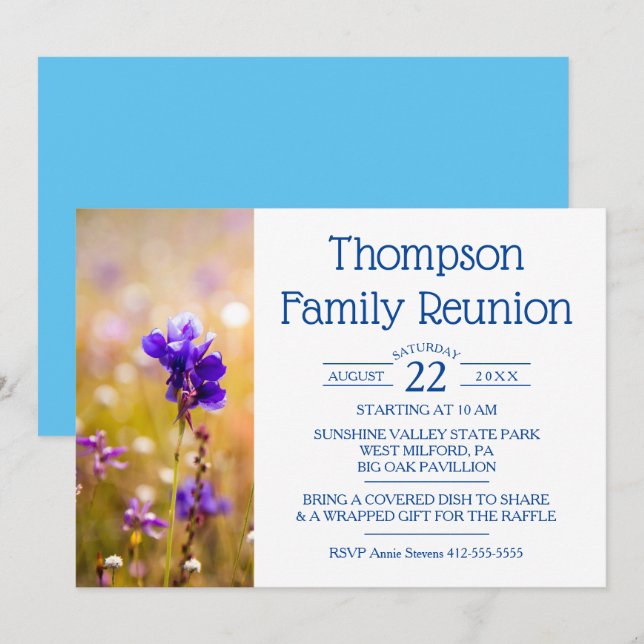 Invitación Flores salvajes azules de Reunión Familiar (Anverso / Reverso)