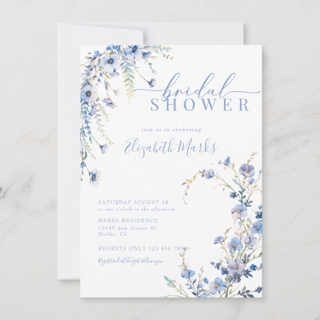 Invitación Flores salvajes azules modernas ducha de novia bot (Anverso)