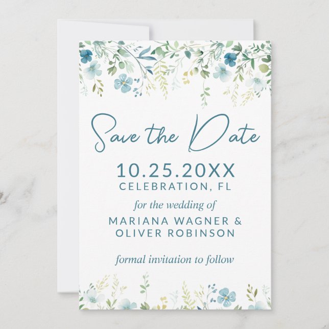 Invitación Flores salvajes azules verde azuladas salvan la ta (Anverso)