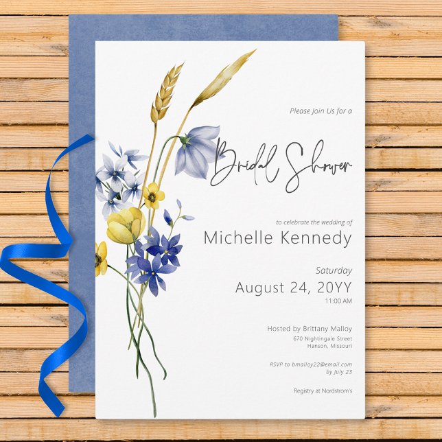 Invitación Flores salvajes azules y amarillas modernas ducha  (Modern Blue & Yellow Wildflowers Bridal Shower Invitation)