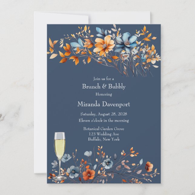 Invitación Flores salvajes azules y Naranjas Brunch y Bubbly (Anverso)