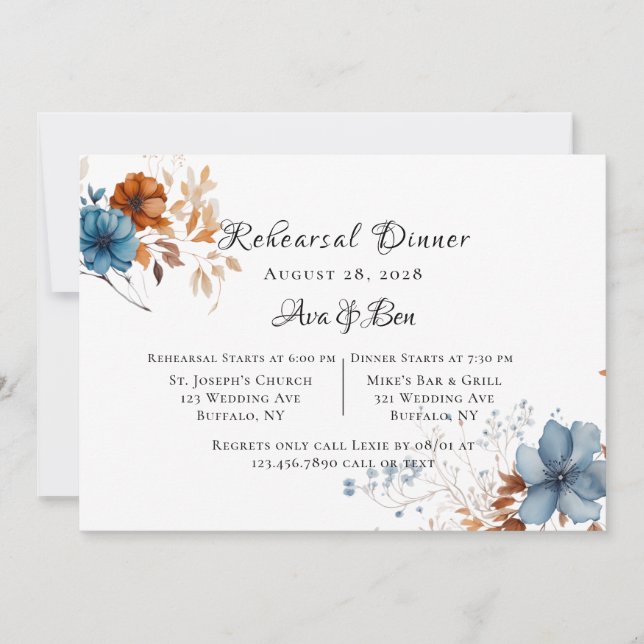 Invitación Flores salvajes azules y Naranjas Cena (Anverso)
