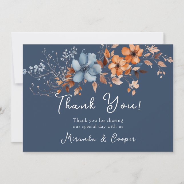 Invitación Flores salvajes azules y Naranjas Gracias Cartas (Anverso)