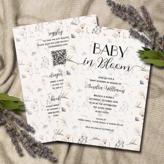 Invitación Flores salvajes bebés en una ducha de marfil en fl (Wildflower baby in bloom ivory all in one baby shower invitations, PRINTED and/or DOWNLOAD)