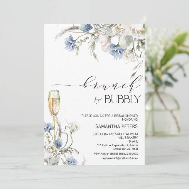 Invitación Flores salvajes blancas azules Brunch Bubbly Brida (Anverso de pie)