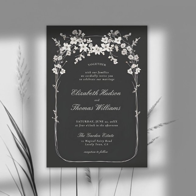Invitación Flores salvajes Boho Blanco Negro Arch Elegante Bo (wildflowers wedding invitation black and white boho arch formal elegant modern classic)