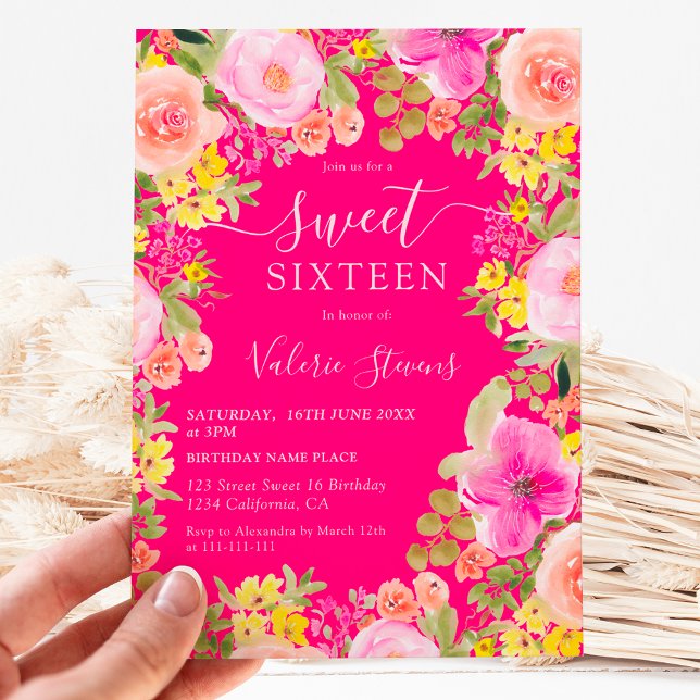 Invitación Flores salvajes Boho jardín acuarela Dulce 16 rosa (Boho wild flowers garden watercolor Sweet 16 Invitation)