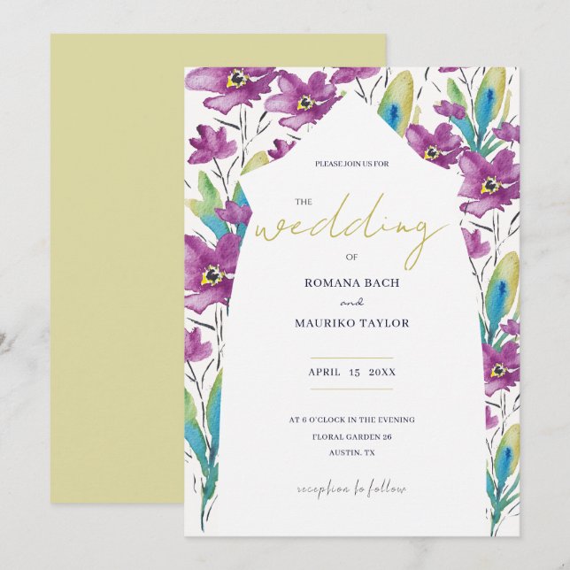 Invitación Flores salvajes Boho Violet Turquoise Watercolor A (Anverso / Reverso)