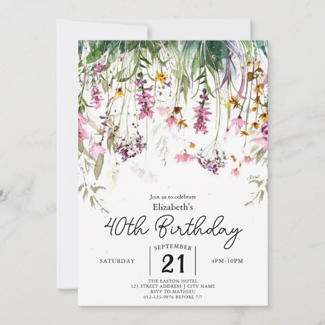 Invitación Flores salvajes botánicas de época 40 años (Anverso)