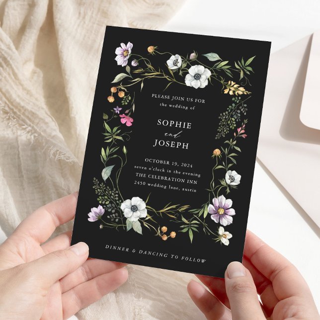 Invitación Flores salvajes botánicas negras | Boda elegante (Subido por el creador)