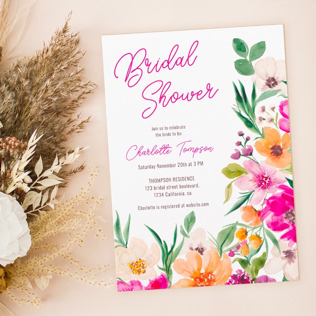 Invitación Flores salvajes brillantes guión de flores de novi (Bright bold wild flowers script bridal shower invitation)
