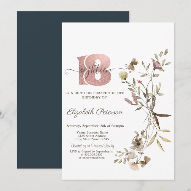 Invitación Flores salvajes de acuarela caprichosa 18 cumpleañ (Anverso / Reverso)