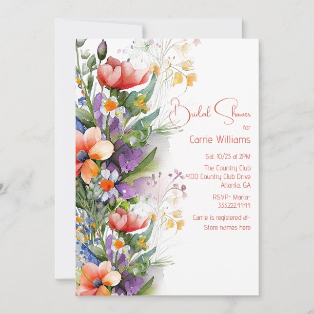 Invitación Flores salvajes de coral y púrpura ducha de novias (Anverso)