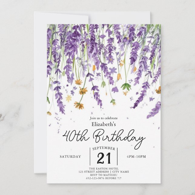 Invitación Flores salvajes de época caprichosa 40 cumpleaños (Anverso)