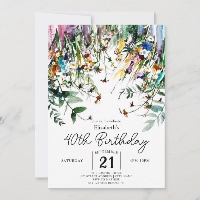 Invitación Flores salvajes de guión de primavera 40 cumpleaño (Anverso)