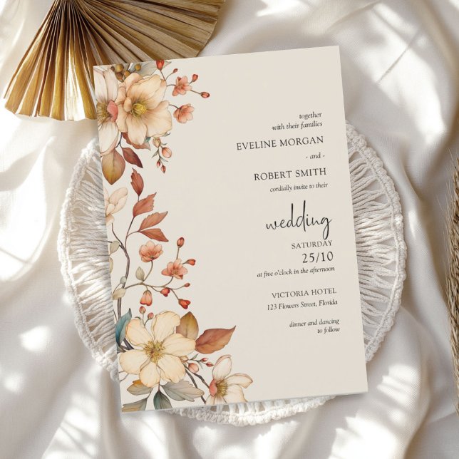 Invitación Flores salvajes de la caída del Boho Arch minimali (Minimalist Boho Arch Terracotta Fall Wildflowers Invitation)