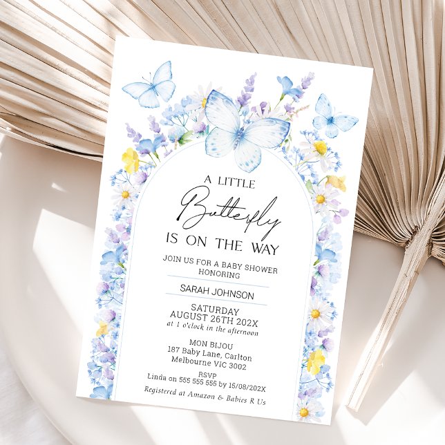 Invitación Flores salvajes de los niños azules Pequeña maripo (Modern Boys Baby Blue Little Butterfly Baby Shower Invitation,  Blue Butterflies Baby Shower Invite)
