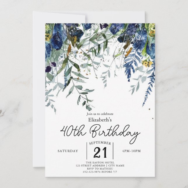 Invitación Flores salvajes de lujo simple 40 años (Anverso)