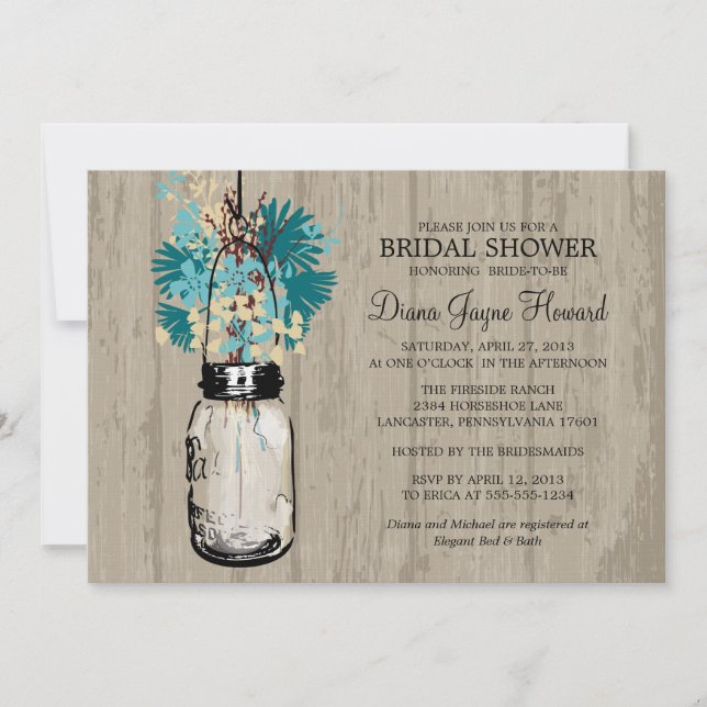 Invitación Flores salvajes de Madera Rusa Mason Jar Bridal Sh (Anverso)