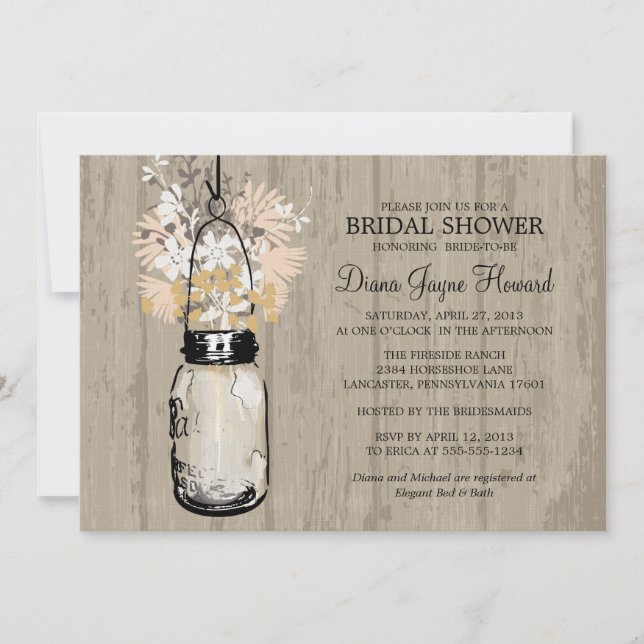 Invitación Flores salvajes de Madera Rusa Mason Jar Bridal Sh (Anverso)