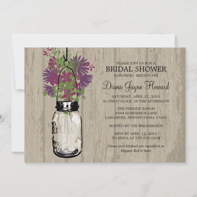 Invitación Flores salvajes de Madera Rusa Mason Jar Bridal Sh (Anverso)