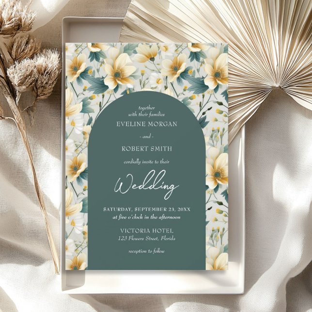 Invitación Flores salvajes de marfil amarillo verde arcilla b (Boho arch sage green yellow ivory wild flowers invitation)