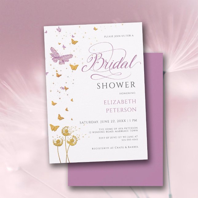 Invitación Flores salvajes de mariposa de jardín morado Ducha (purple gold bridal shower invitation butterflies wildflowers garden elegant boho rustic romantic)