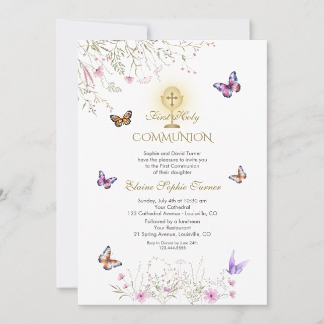 Invitación Flores salvajes de mariposa juguetona Primera Comu (Anverso)
