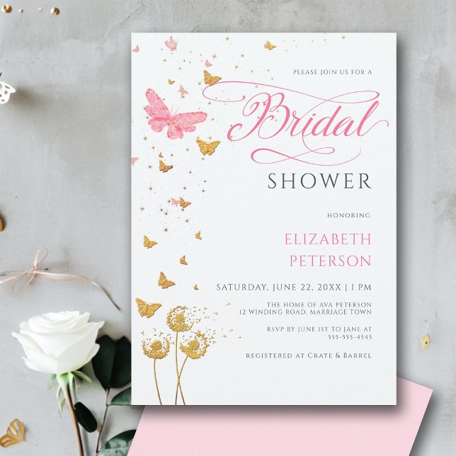 Invitación Flores salvajes de mariposa rosa dorada Ducha de n (butterflies wildflowers gold pink bridal shower invitation modern romantic calligraphy elegant boho)