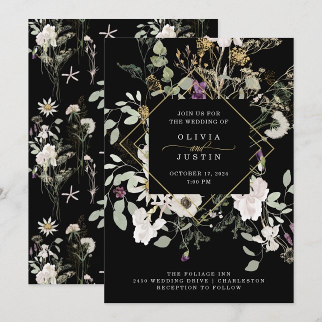 Invitación Flores salvajes de medianoche | Boda geométrico ne (Anverso / Reverso)