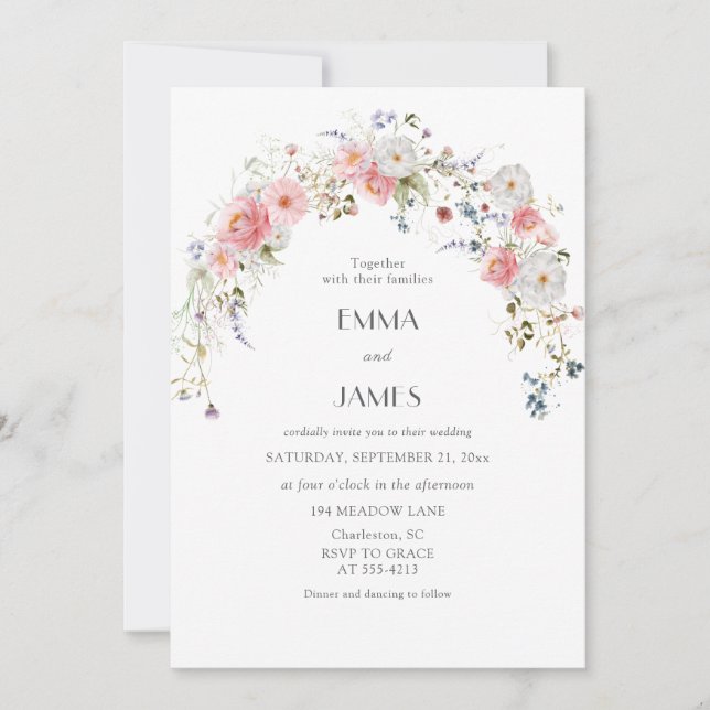 Invitación Flores salvajes de primavera Boda blanco rosado (Anverso)