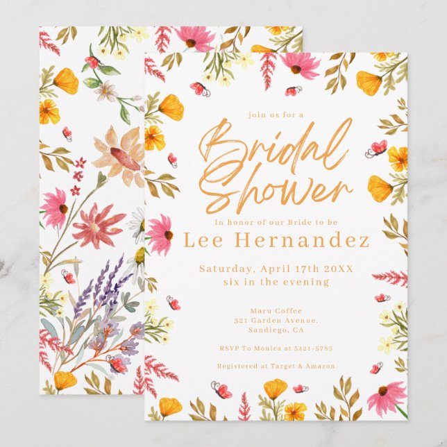 Invitación Flores salvajes de primavera ducha de novia modern (Anverso / Reverso)