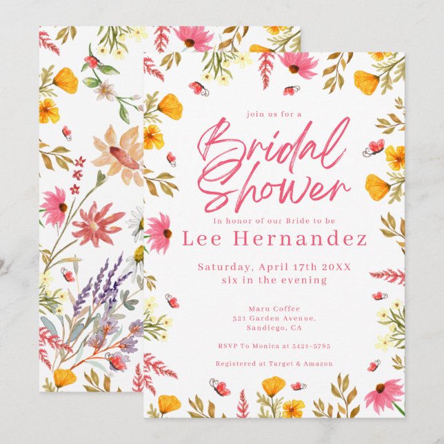 Invitación Flores salvajes de primavera ducha de novia modern (Anverso / Reverso)