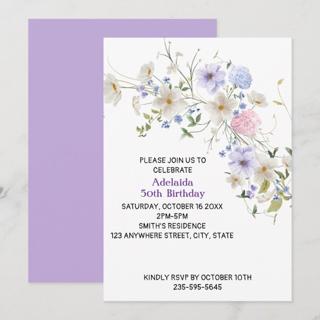 Invitación Flores salvajes de primavera Flores rosa moradas B (Anverso / Reverso)