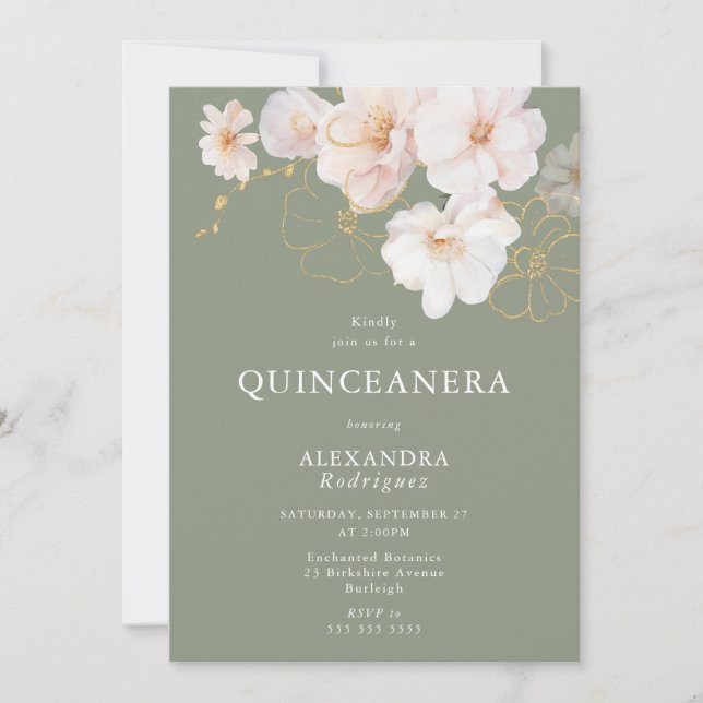 Invitación Flores salvajes de Rubor Elegant Sage Quinceanera (Anverso)