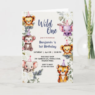 Invitación Flores salvajes de un lindo animal primer cumpleañ