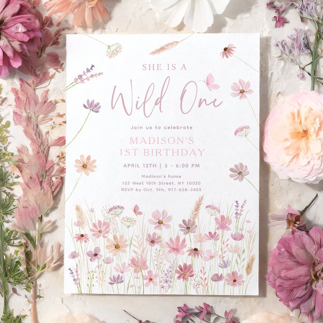Invitación Flores salvajes de un rosa primer cumpleaños (Subido por el creador)