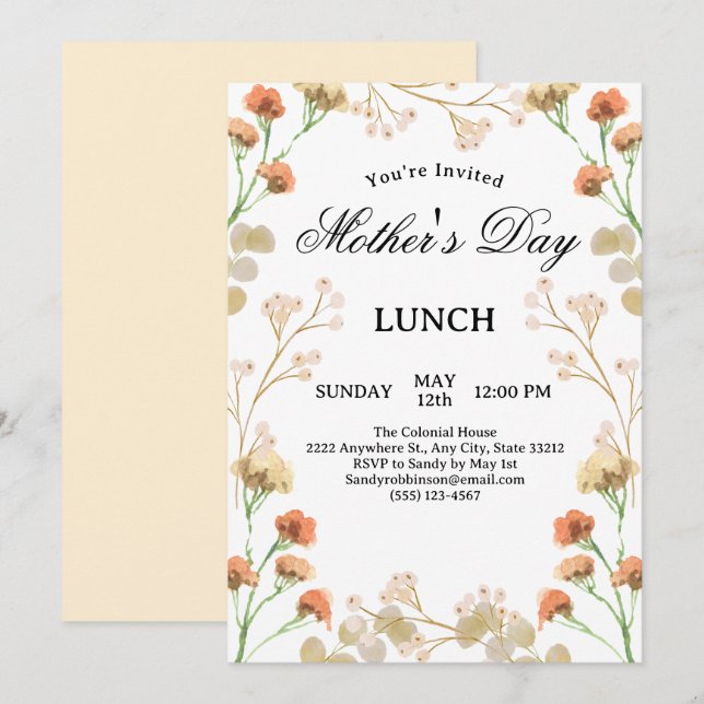Invitación Flores salvajes delgadas Almuerzo del Día de la Ma (Anverso / Reverso)