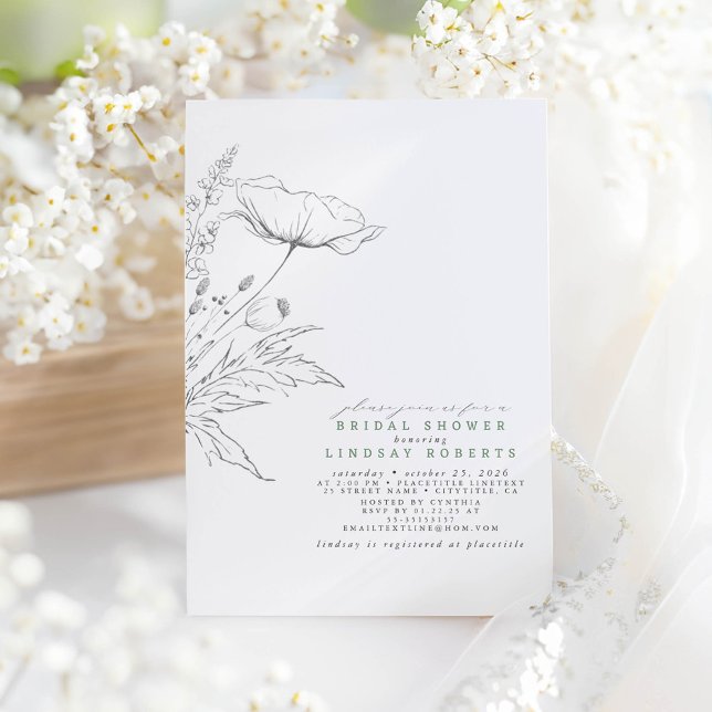 Invitación Flores salvajes dibujadas a mano Elegante Sage Bri (Wildflowers Drawing Minimalist Bridal Shower Invitation)