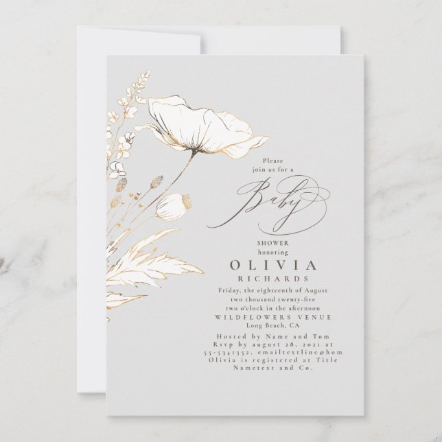 Invitación Flores salvajes doradas Baby Shower elegante gris  (Anverso)