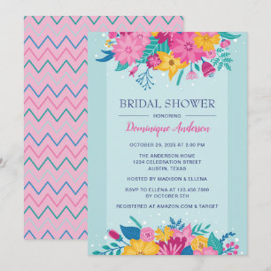 Invitación Flores salvajes ducha de novia azul y rosa