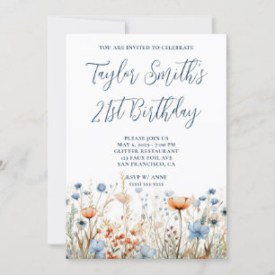 Invitación Flores salvajes Dusty Blue Peach 21 cumpleaños