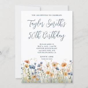 Invitación Flores salvajes Dusty Blue Peach 50 cumpleaños