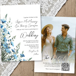 Invitación Flores salvajes Dusty Blue Sage Boho Foto Boda QR