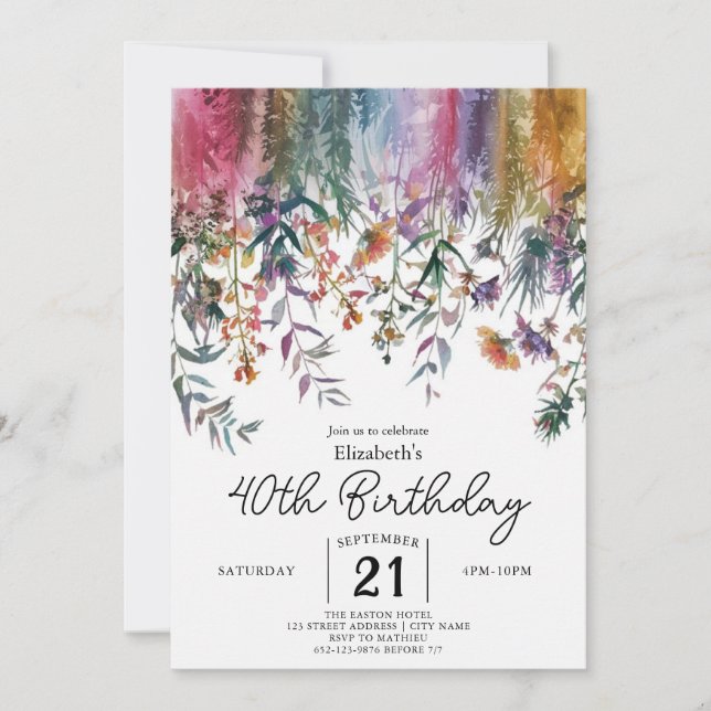 Invitación Flores salvajes elegantes primavera 40 cumpleaños (Anverso)