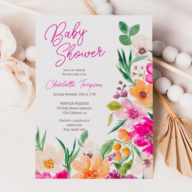 Invitación Flores salvajes en negrita y brillante guión de be (Bright bold wild flowers script baby shower invitation)
