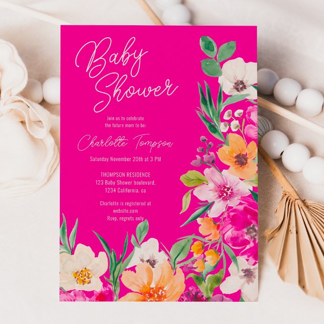 Invitación Flores salvajes en negrita y brillante guión de be (Bright bold wild flowers script baby shower invitation)