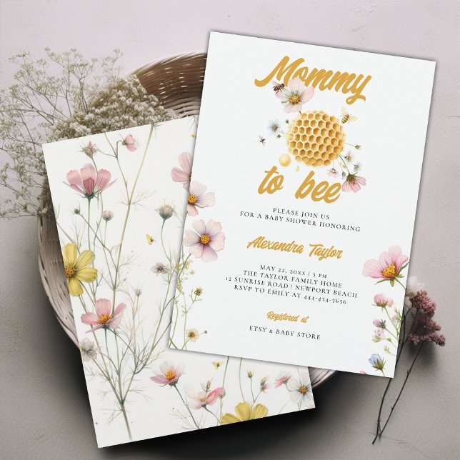 Invitación Flores salvajes Miel Comb Mami Bee Girl Ducha (mommy to bee baby girl shower invitation watercolor illustration honey comb whimsical wildflowers)