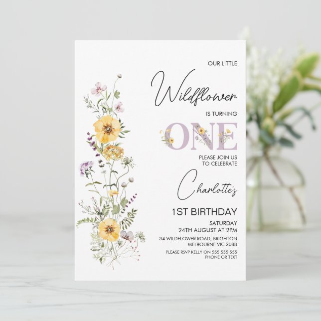 Invitación Flores salvajes moradas amarillas Bouquet Primer c (Anverso de pie)