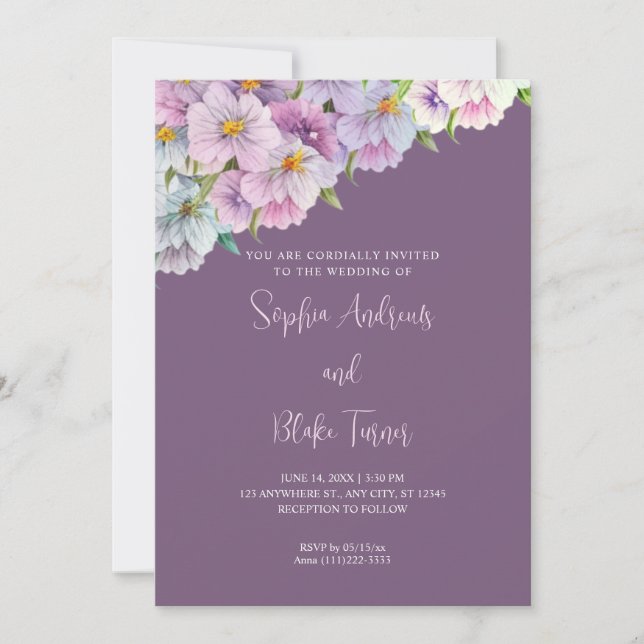 Invitación Flores salvajes moradas y azules Boda de jardín mo (Anverso)